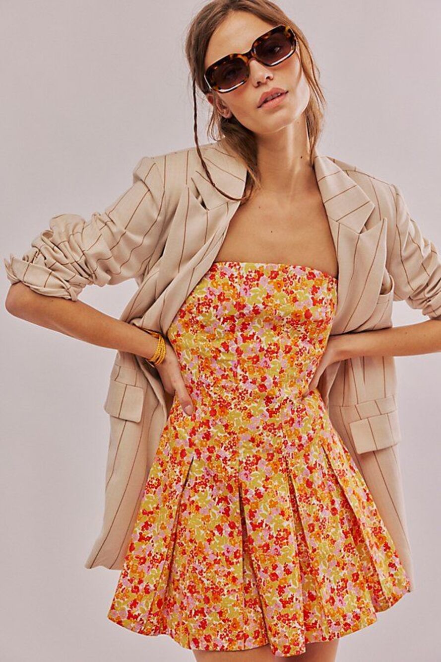 New Free People Made Me Smile Floral Mini Dress $128 X-LARGE Orange STRAPLESS